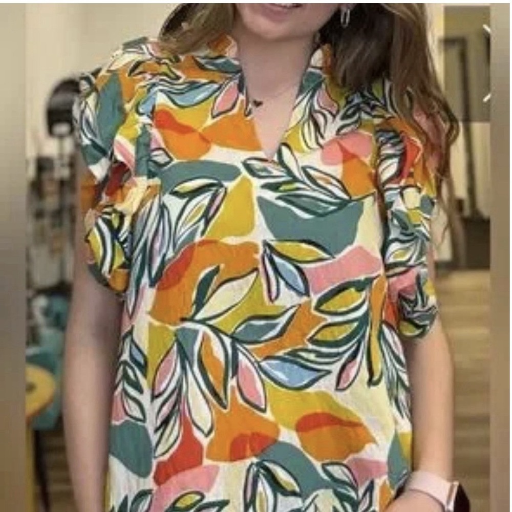 THML Multi Color Abstract Floral Ruffle Flutter Sleeve Blouse JH2033-6-CR XS‎